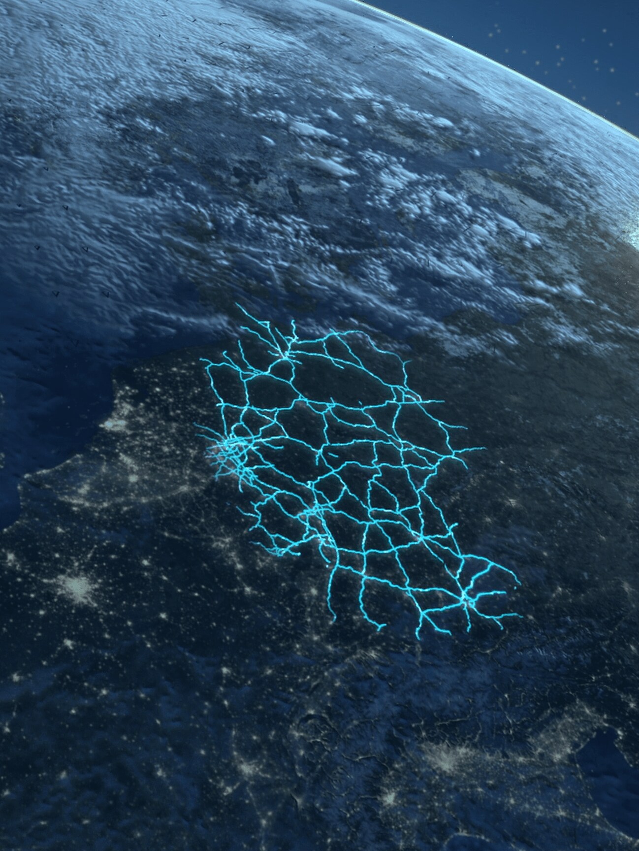 A földgömb egy szakasza a németországi útvonalhálózat sematikus ábrázolásával