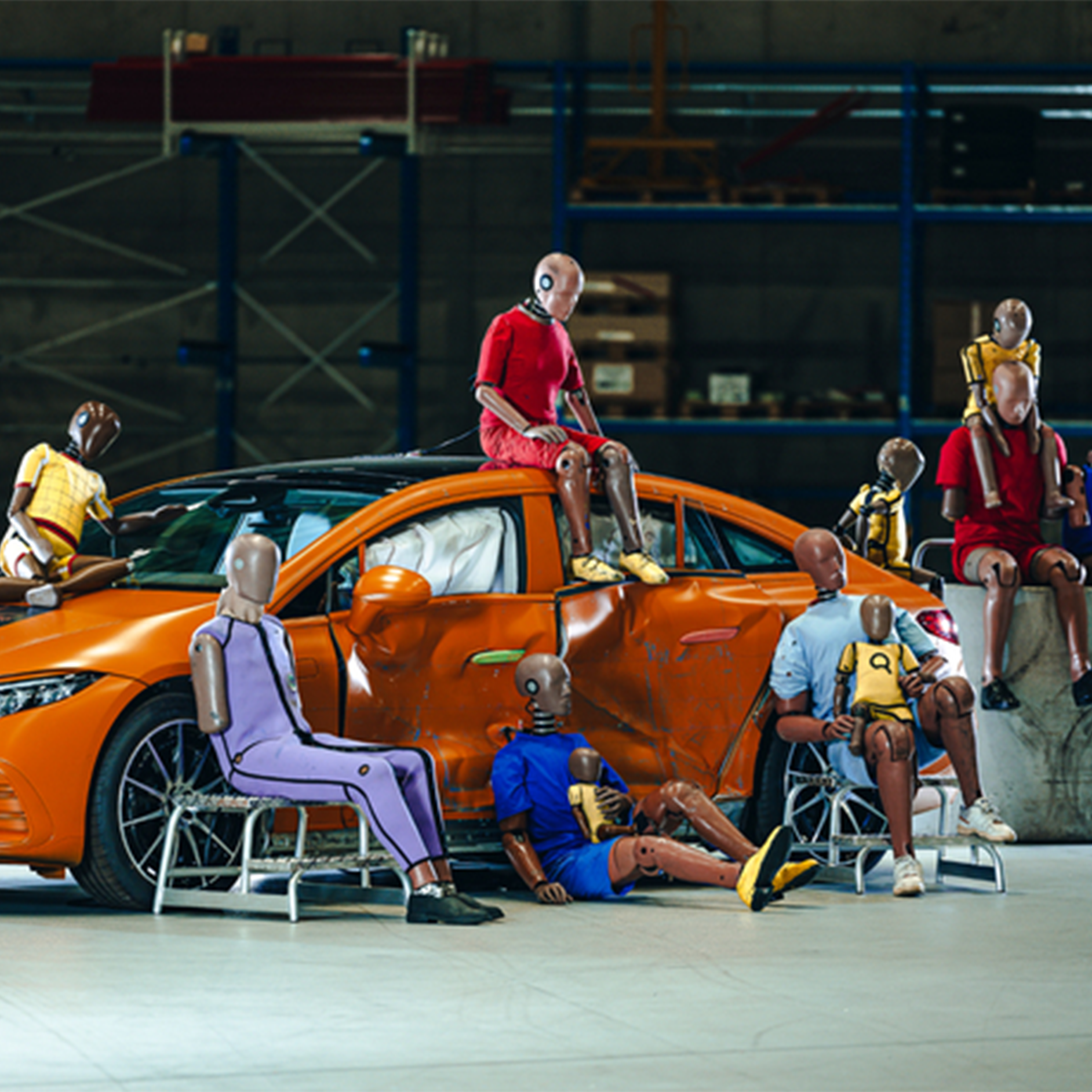 Töréstesztbábuk | Biztonság | Mercedes-Benz Több töréstesztbábu ül egy Mercedes-Benz modellben és körülötte.