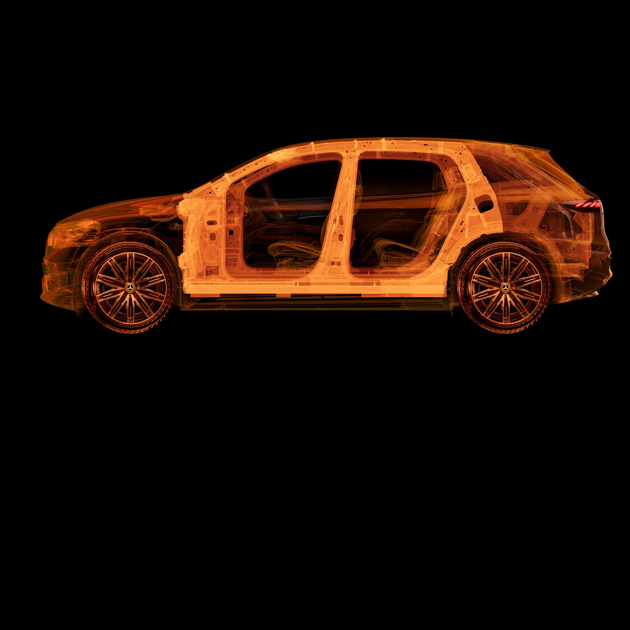 Egy Mercedes-Benz személygépkocsi átlátszó oldalnézete, amely a belső szerkezeteket mutatja.