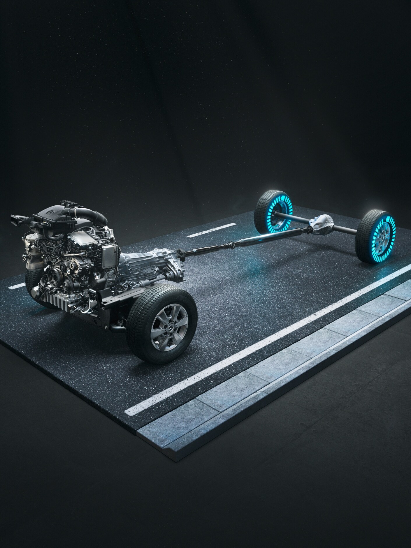 A Sprinter platós gépjármű 4x4-es összkerékhajtása igény szerinti nyomatékkal.