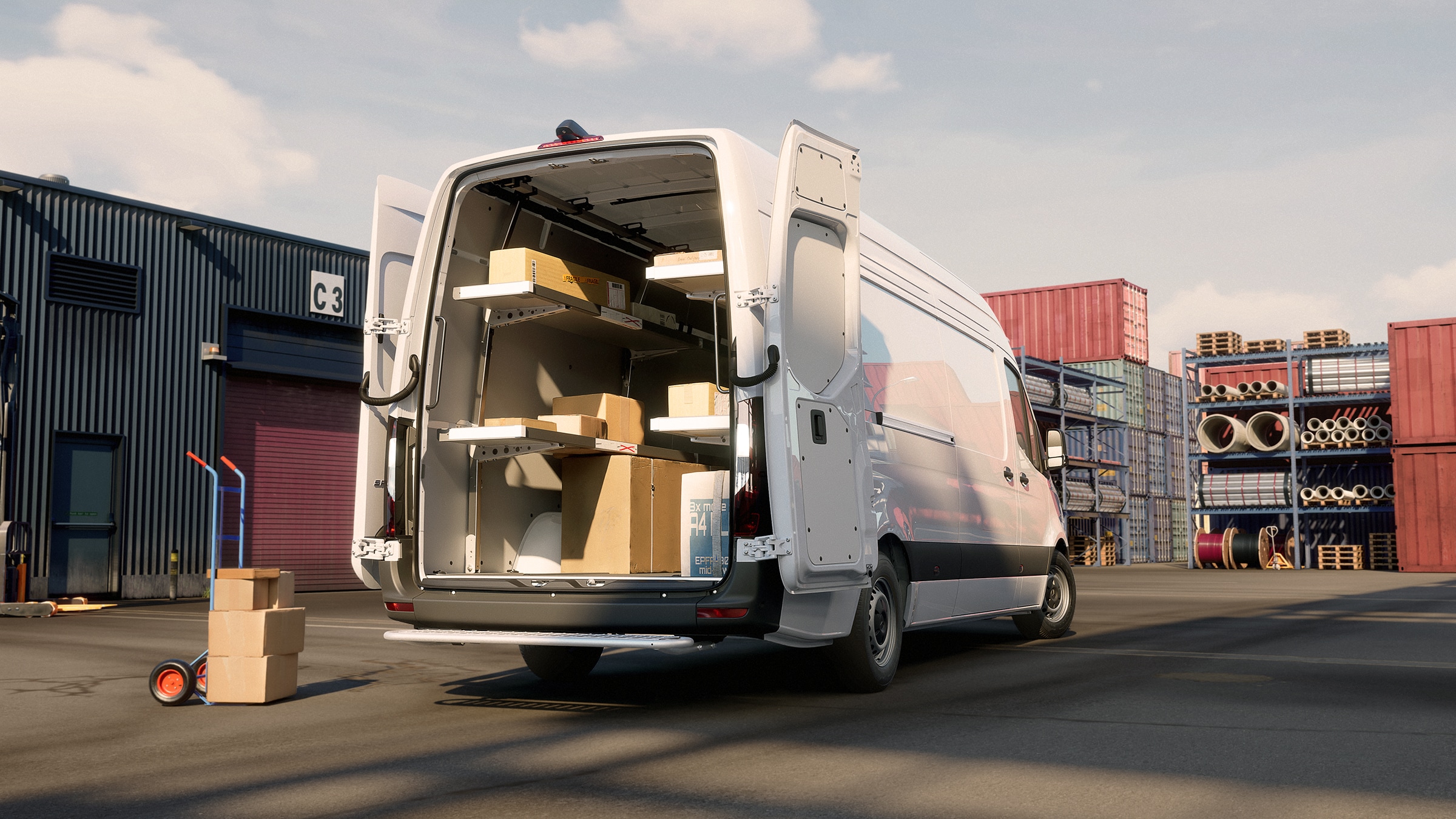 Sprinter zárt áruszállító | Minden Sprinter | Mercedes-Benz kishaszonjárművek Mercedes‑Benz Sprinter rendezett polcrendszerrel és raktérrendszerrel