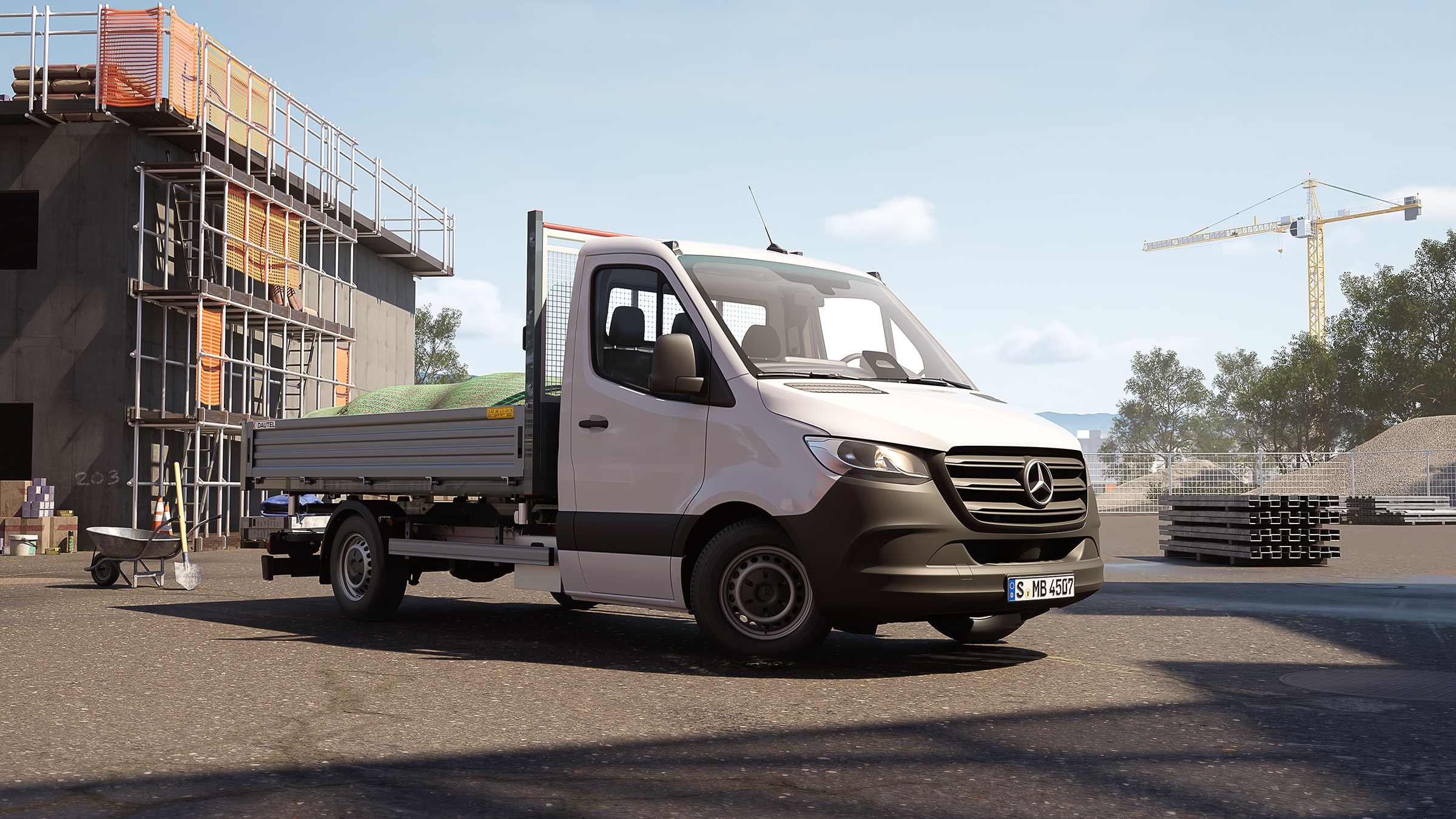 Sprinter platós gépjármű | Minden Sprinter | Mercedes-Benz kishaszonjárművek A Sprinter platós gépjármű az építkezésen