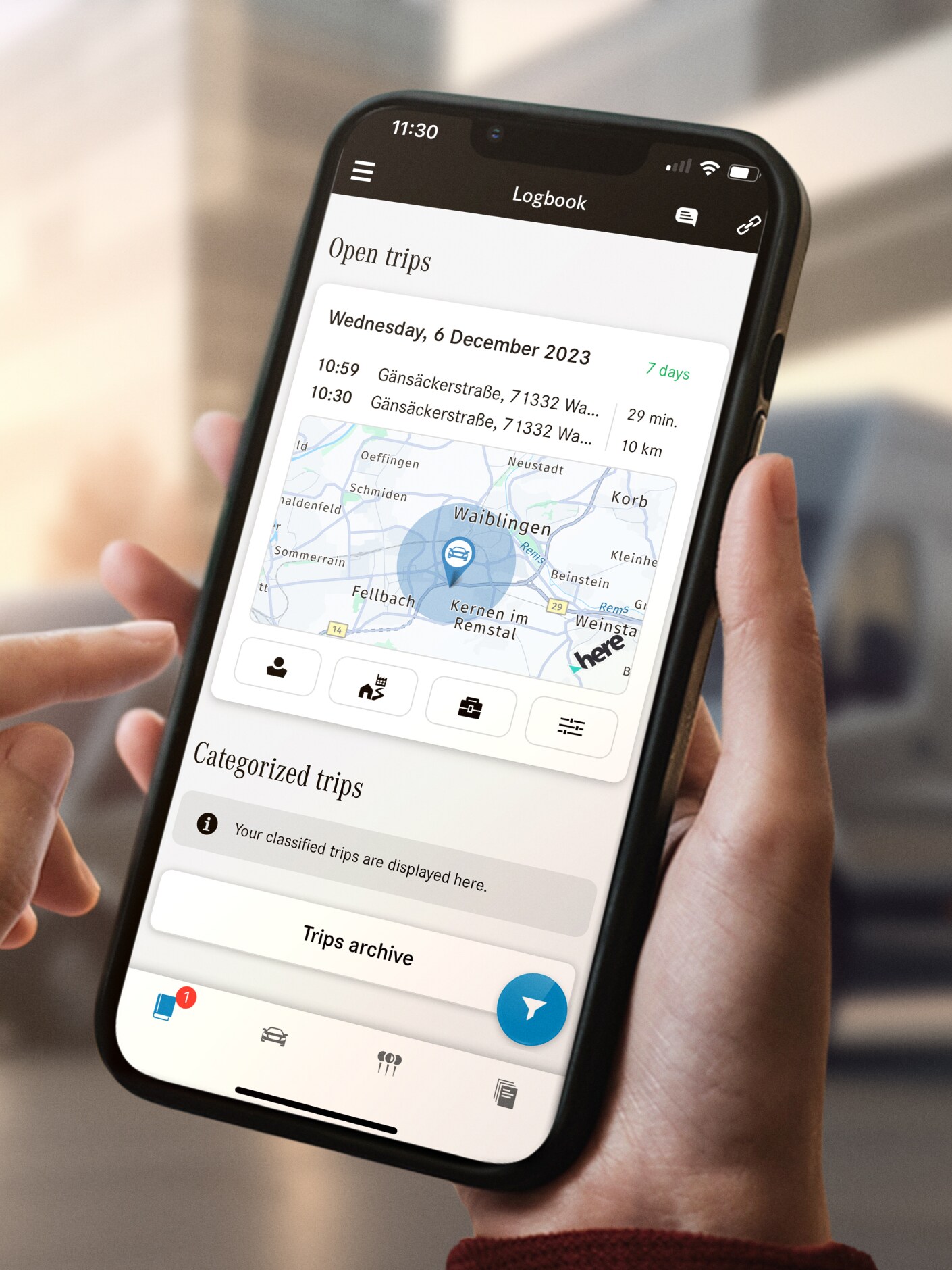A Mercedes-Benz Digitális menetlevél funkciója okostelefonon.