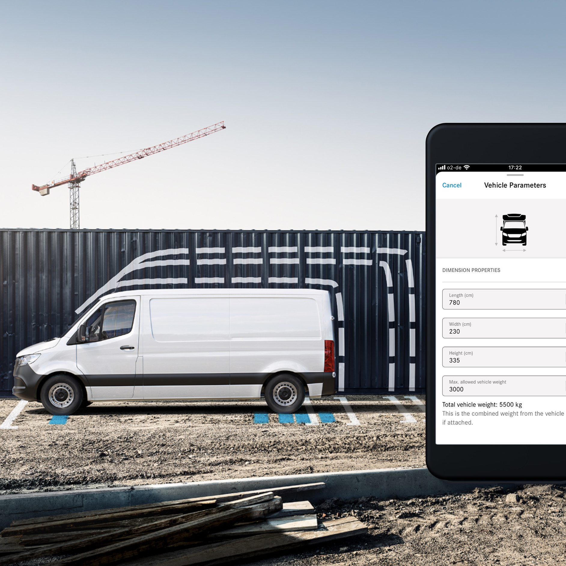 Navigáció pótkocsikhoz és túlméretes járművekhez | Digitális extrafelszereltségek | Mercedes-Benz A jármű méreteinek grafikus megjelenítése a Mercedes-Benz alkalmazásban okostelefonon.