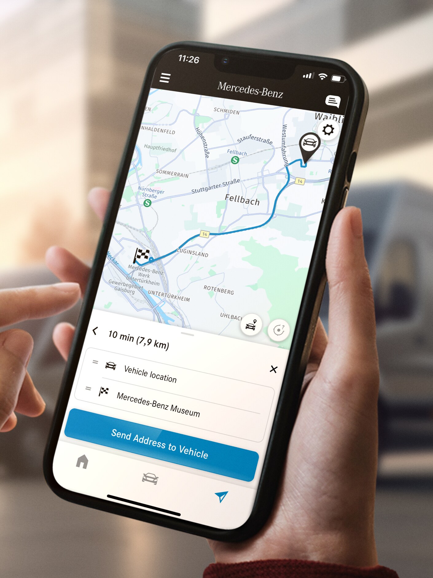 A Mercedes-Benz Send2Car funkciója okostelefonon.