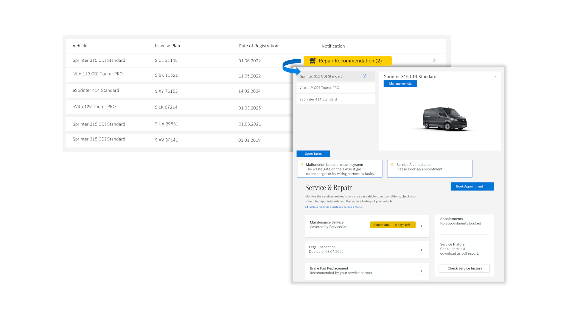Van Uptime Monitor | Digitális extrafelszereltségek | Mercedes-Benz Betekintés a Mercedes-Benz Van Uptime Monitor Digitális extrafelszereltség rendszerébe: a járműlista megjelenítése különböző állapotinformációkkal és ajánlott intézkedésekkel.