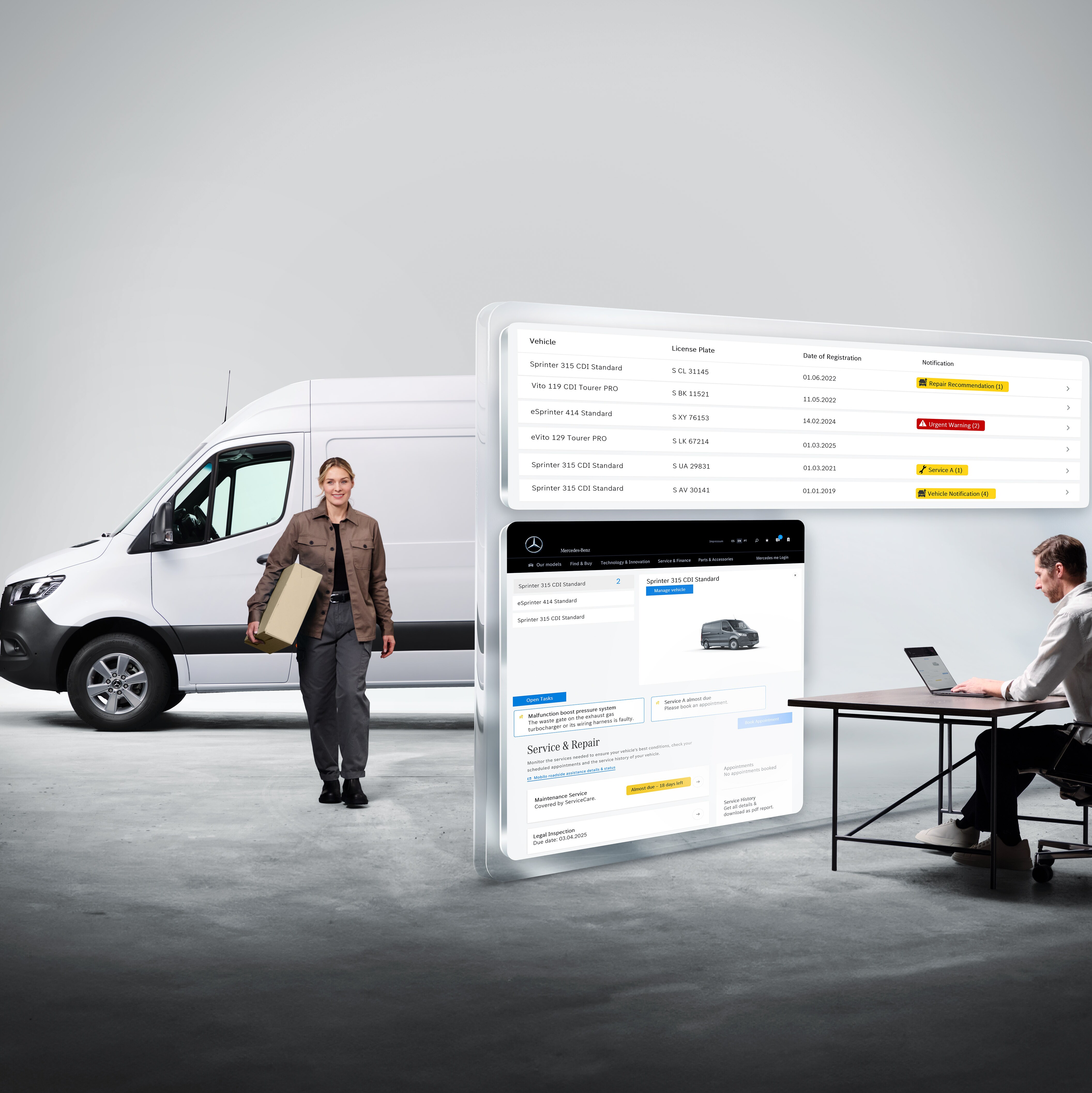 A Mercedes-Benz digitális szolgáltatásait bemutató képernyők emberekkel, a háttérben egy Mercedes-Benz Sprinterrel.