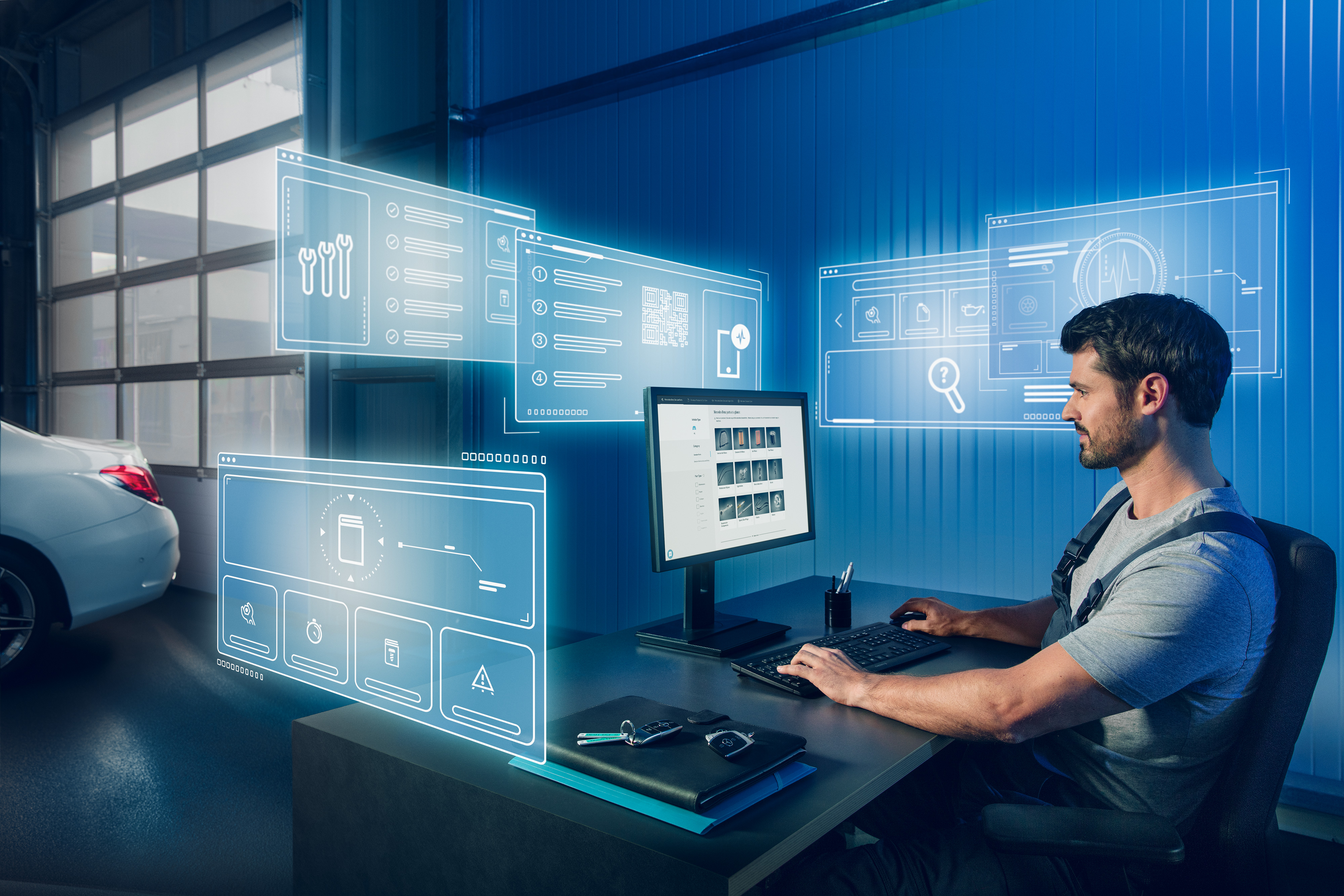 Mercedes-Benz | Kishaszongépjármű Eredeti Alkatrészek A szerelő a Mercedes alkatrészkatalógusában a számítógépen keresi a megfelelő Mercedes-Benz Eredeti Alkatrészeket.