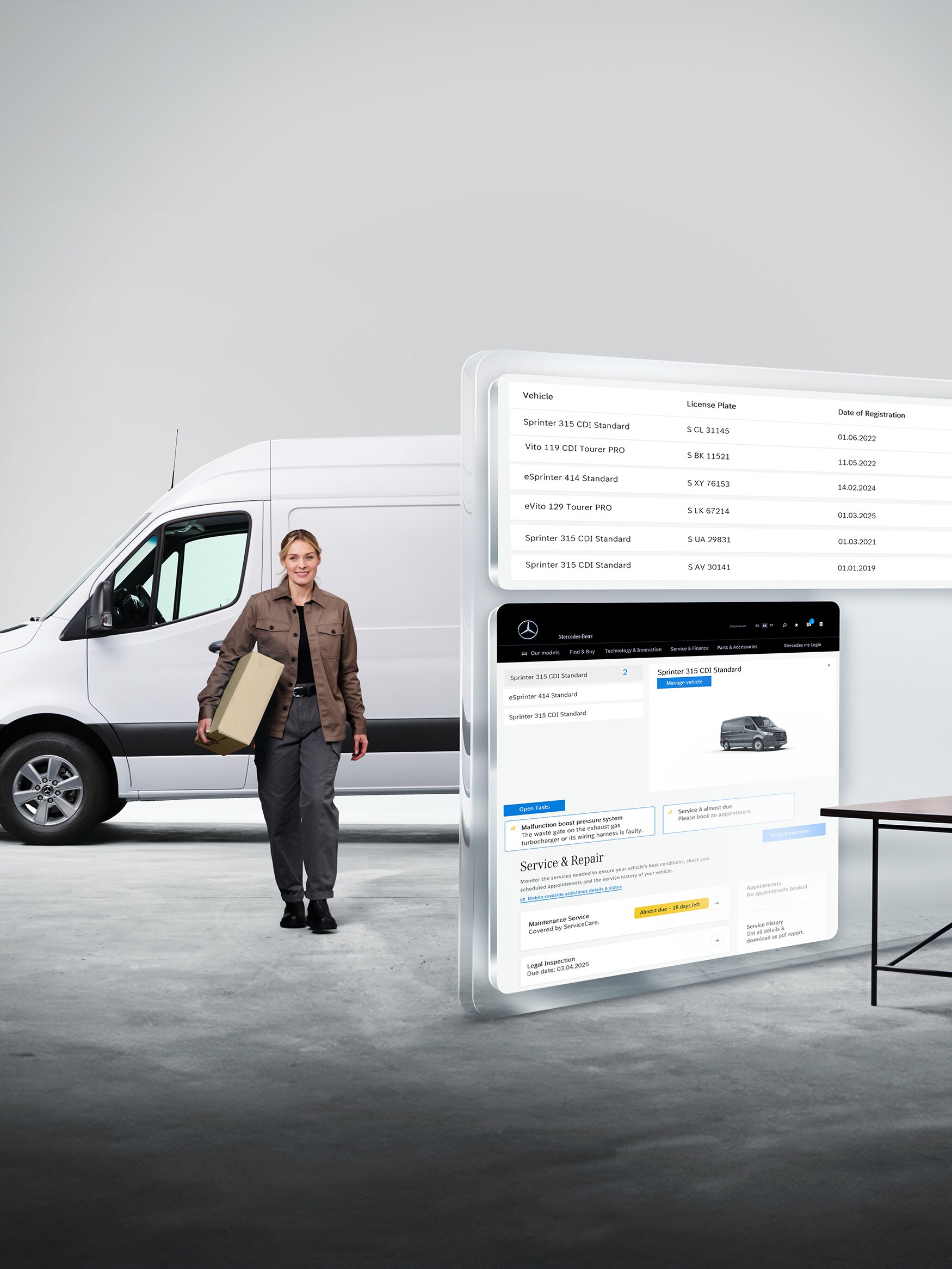 Nagyméretű számítógépes képernyők, amelyeken a Mercedes-Benz Van Uptime monitorozása látható. A háttérben egy kézbesítő áll egy fehér Mercedes-Benz Sprinter előtt.