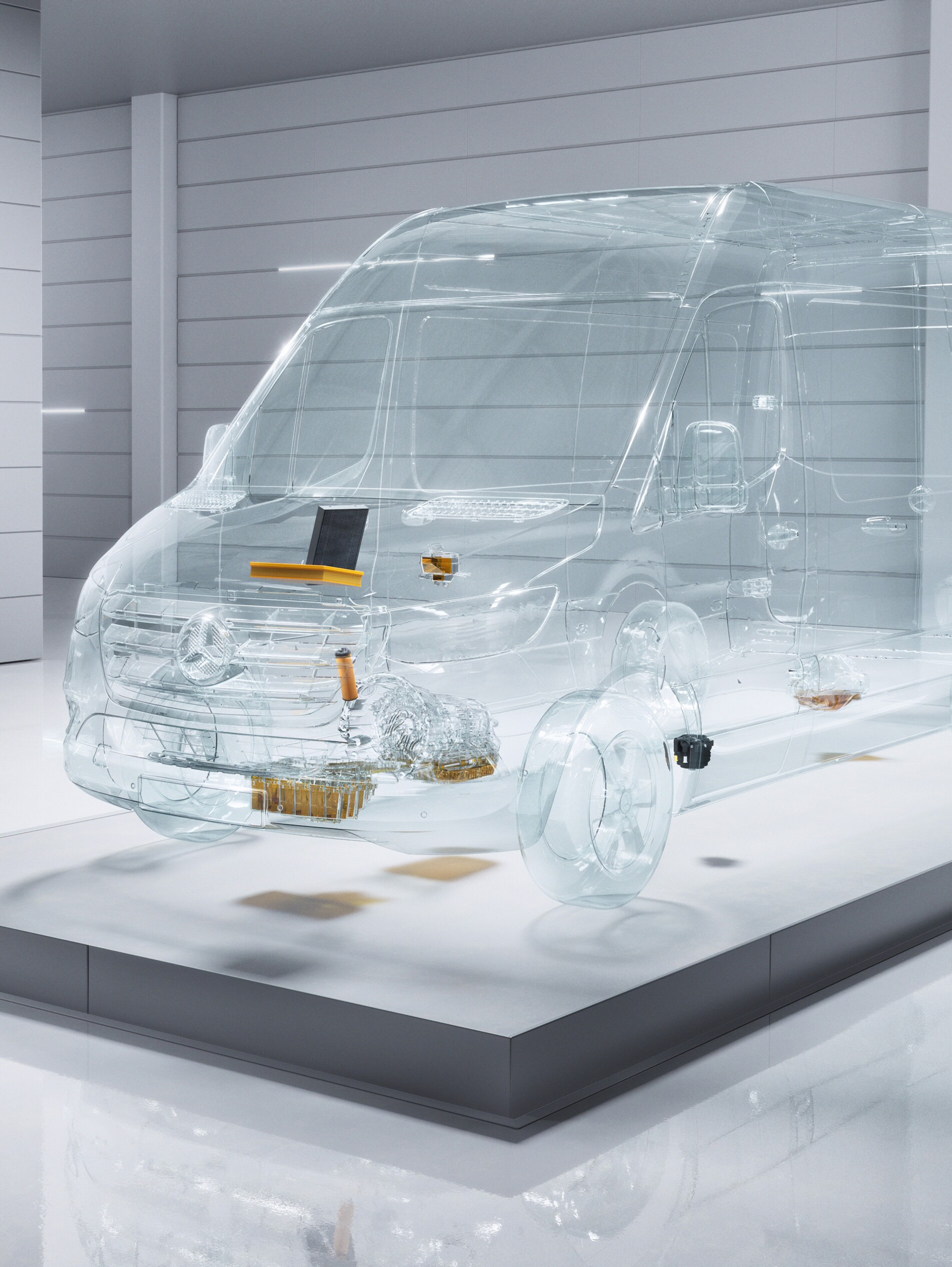 Egy virtuális, átlátszó Mercedes-Benz Sprinter műhelykörnyezetben.