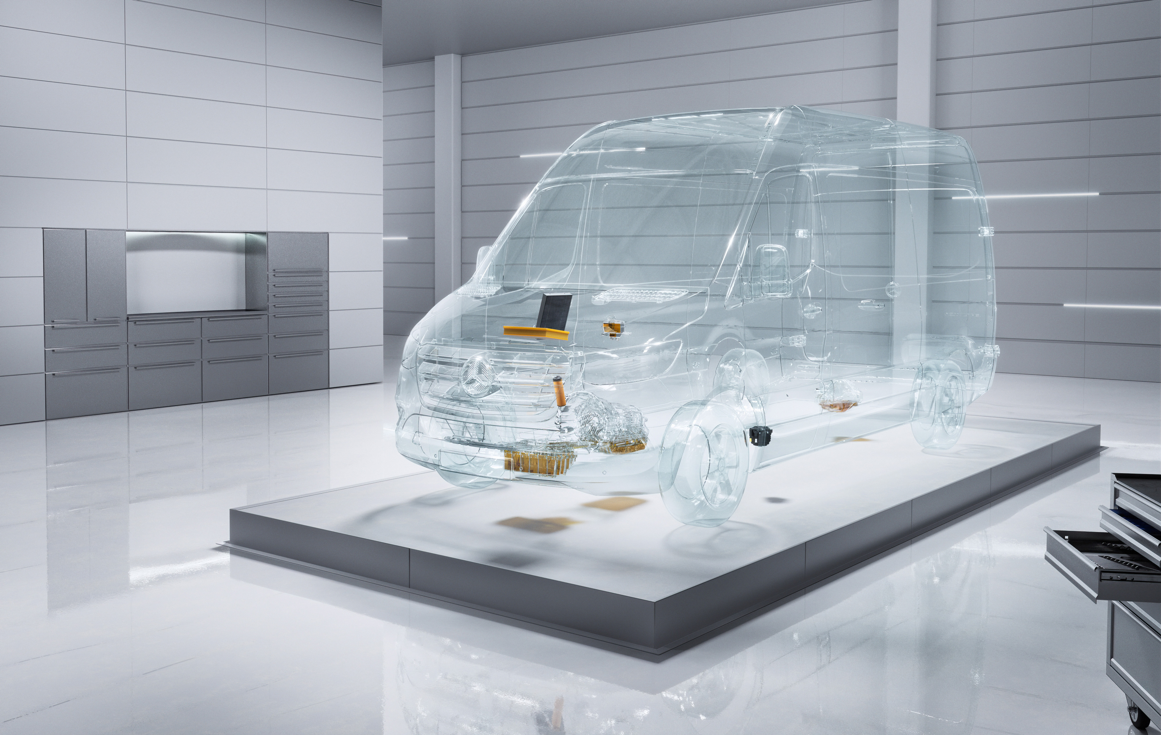 Mercedes-Benz | Szervizszerződések kishaszongépjárművekhez | Optimálisan karbantartás Egy virtuális, átlátszó Mercedes-Benz Sprinter műhelykörnyezetben.