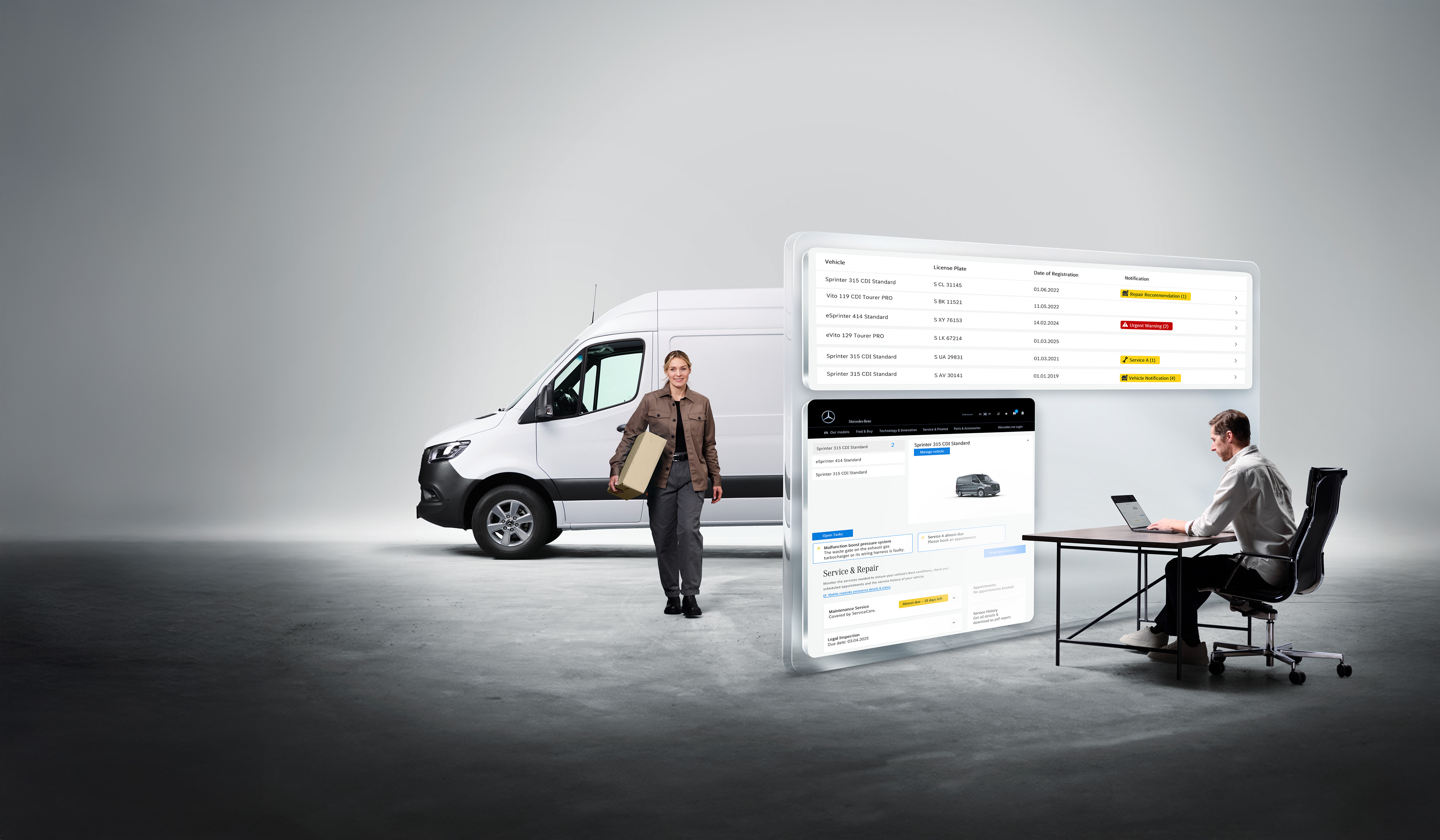 Mercedes-Benz | Transzporter-technológia | Digitális extrafelszereltségek Egy férfi transzporterflottát felügyel laptopon, Mercedes-Benz Van Uptime Monitor a maximális rendelkezésre állás érdekében.