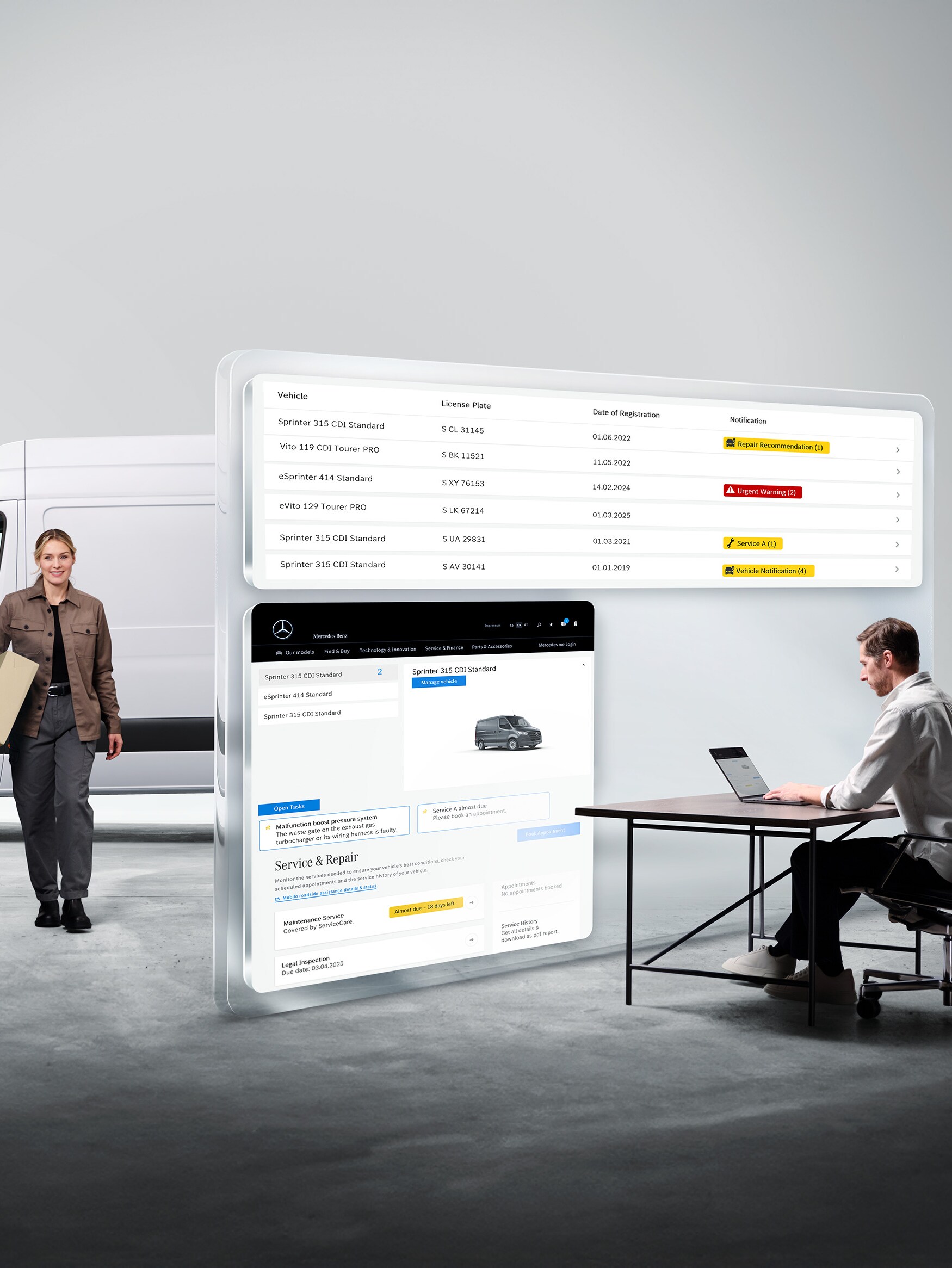 Digitális Mercedes-Benz diagnosztika: férfi laptopnál, nő a transzporter mellett, virtuális diagnosztikai adatok megjelenítése.