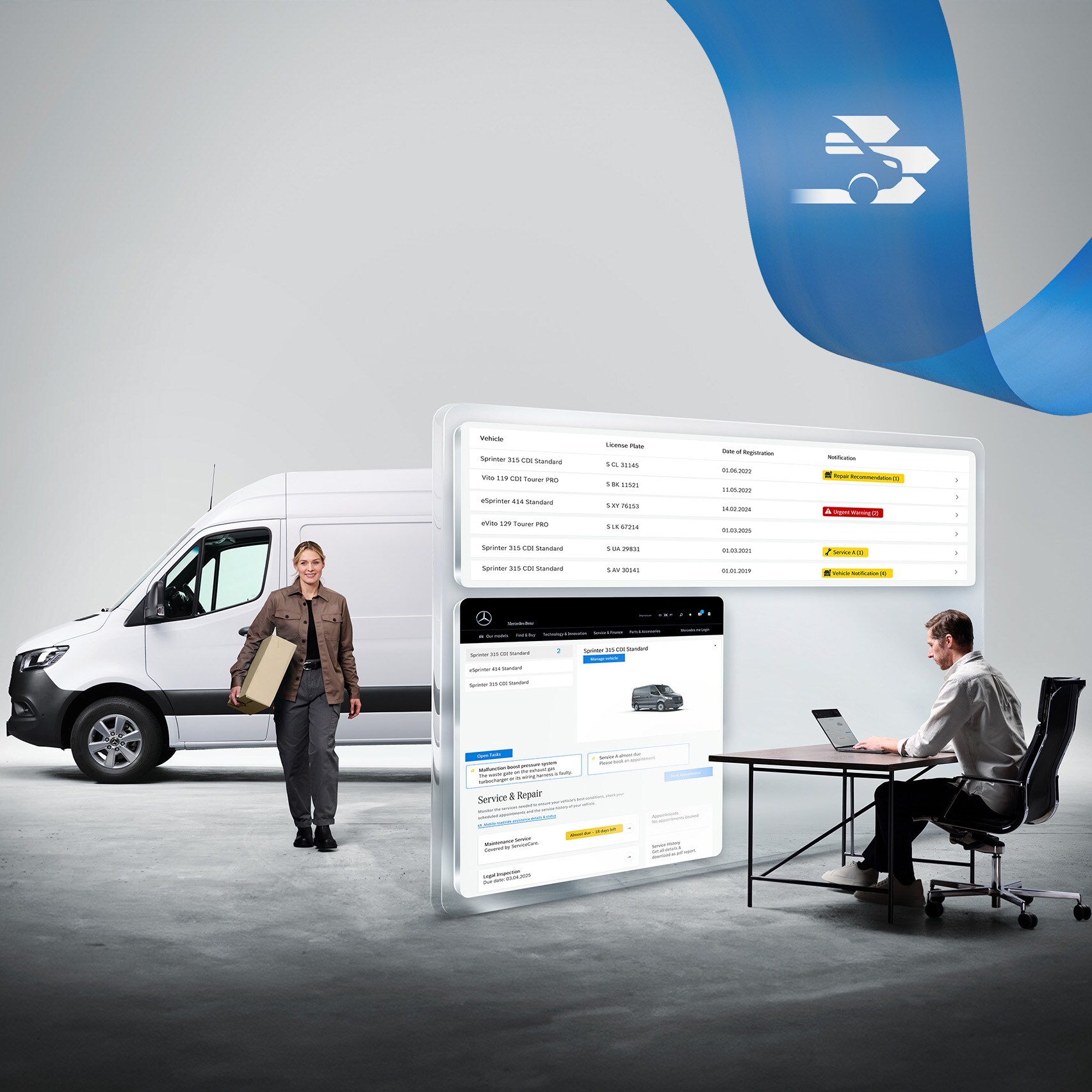 Egy férfi, aki laptopon figyeli a járműparkot, és egy kézbesítő nő, aki a háttérben a fehér Sprinter transzporterétől sétál el.