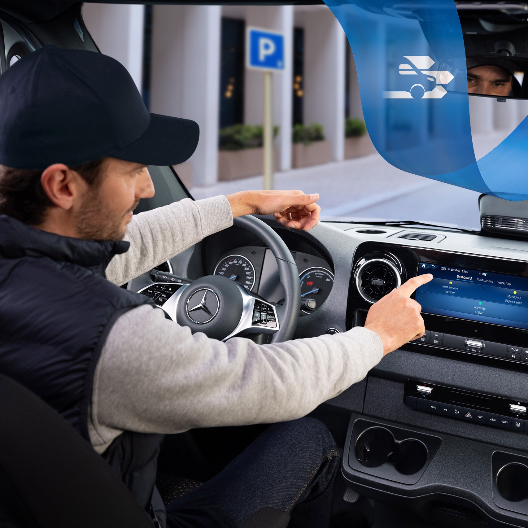 A járművezető a Mercedes-Benz Service App segítségével a járműben kényelmesen lefoglalhatja és kezelheti a szervizidőpontokat.