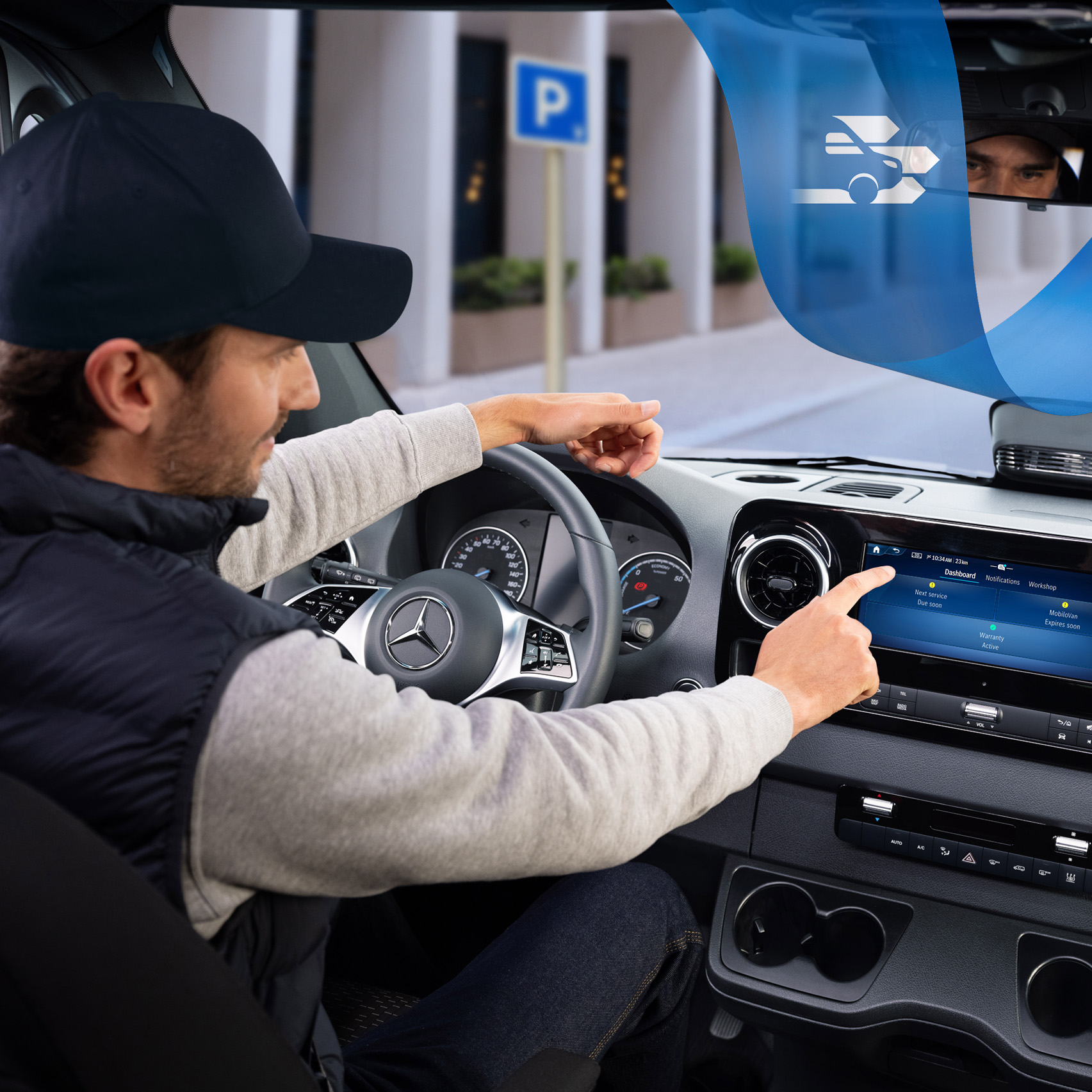 Mercedes-Benz | Kishaszongépjármű technológia | OSA A járművezető a Mercedes-Benz Service App segítségével a járműben kényelmesen lefoglalhatja és kezelheti a szervizidőpontokat.